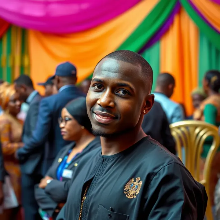 Uche Paragon posing confidently at a Nollywood event with a vibrant backdrop