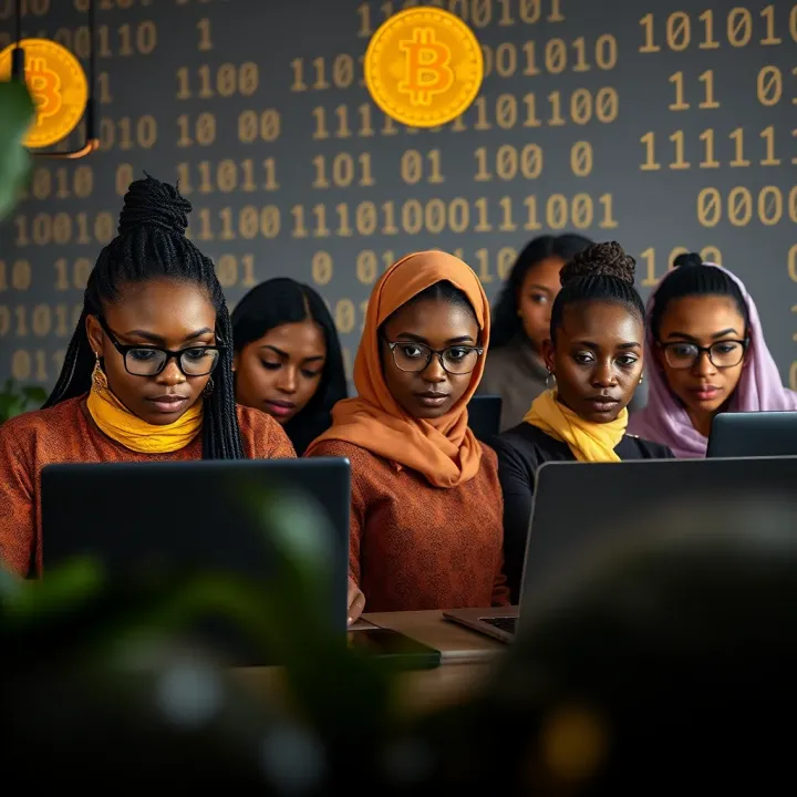 A digital illustration showing a diverse group of female traders using laptops with Bitcoin symbols and binary code in the background