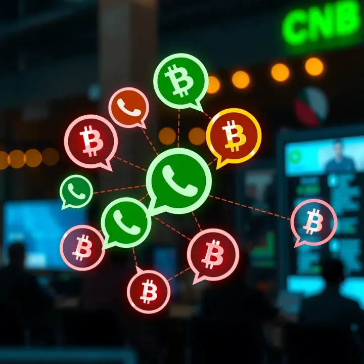 Graphic showing interconnected chat bubbles with cryptocurrency symbols representing discussion groups on WhatsApp in Nigeria