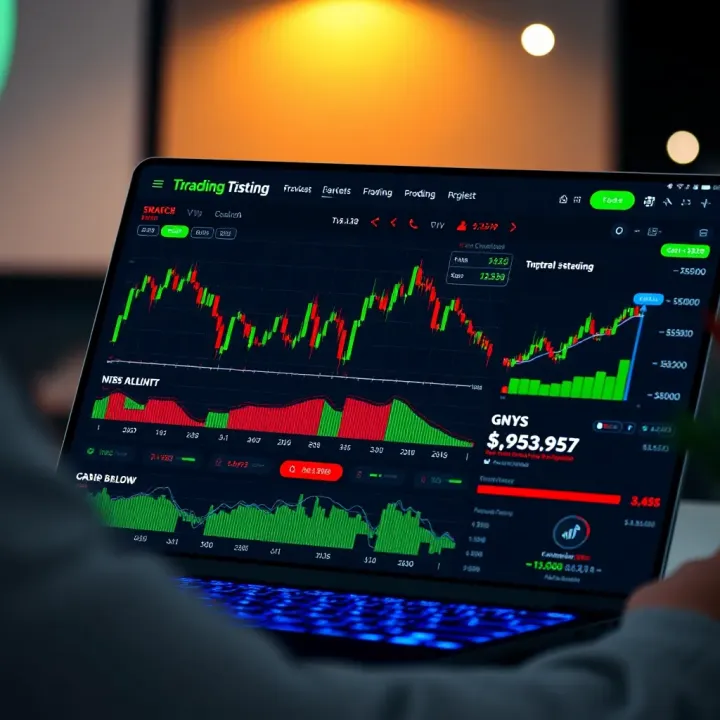Simulation of trading dashboard with charts, indicators, and virtual currency balance