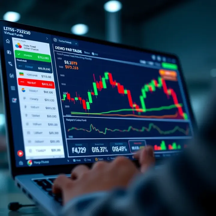 User interface of a demo trading app displaying live market charts and virtual funds balance