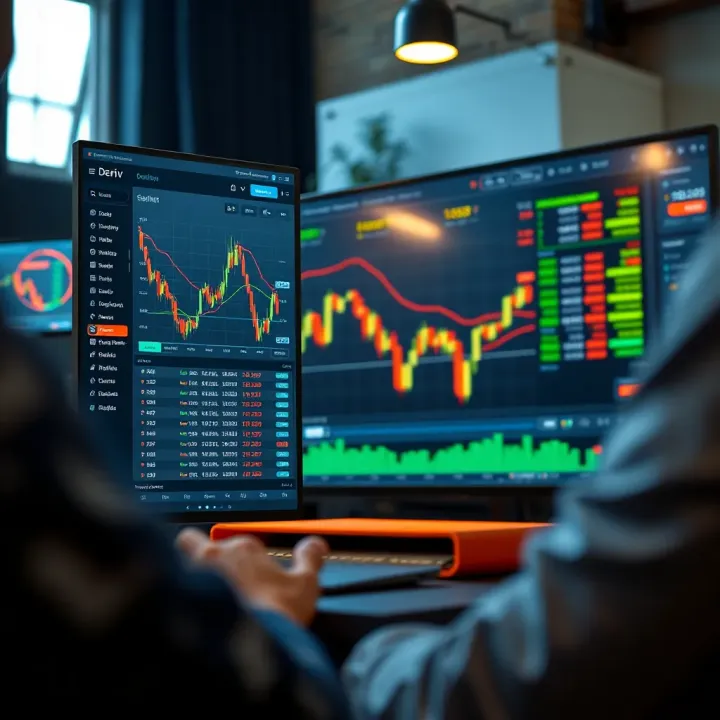 Illustration showing Deriv binary options trading platform interface with charts and trading options