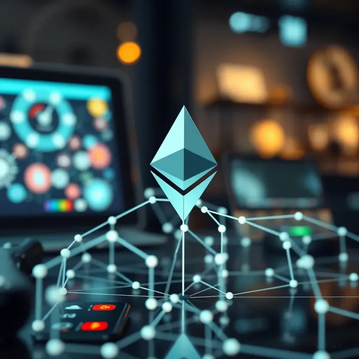 Graphic representation of Ethereum blockchain network connecting various digital devices