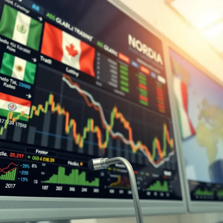 Illustration of global currency exchange rates with various national flags and financial graphs