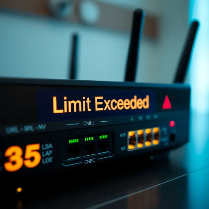Internet router with network status indicators showing a limit exceeded alert