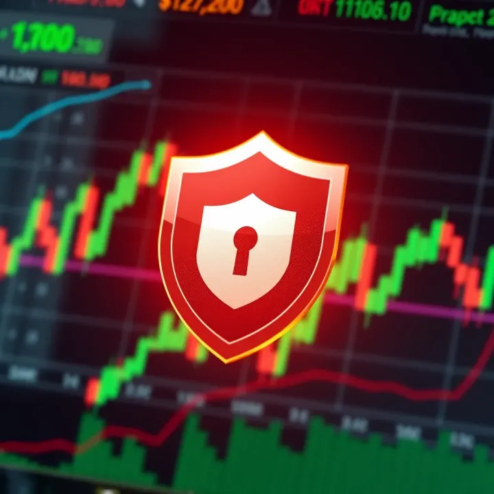 Security shield icon over financial graphs representing safe online trading