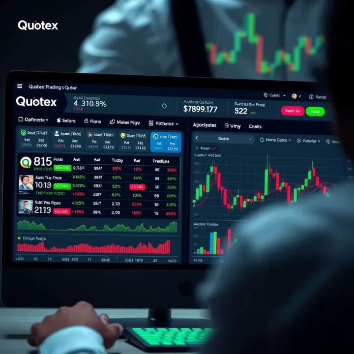 User interface of Quotex trading platform showing asset selection and market charts