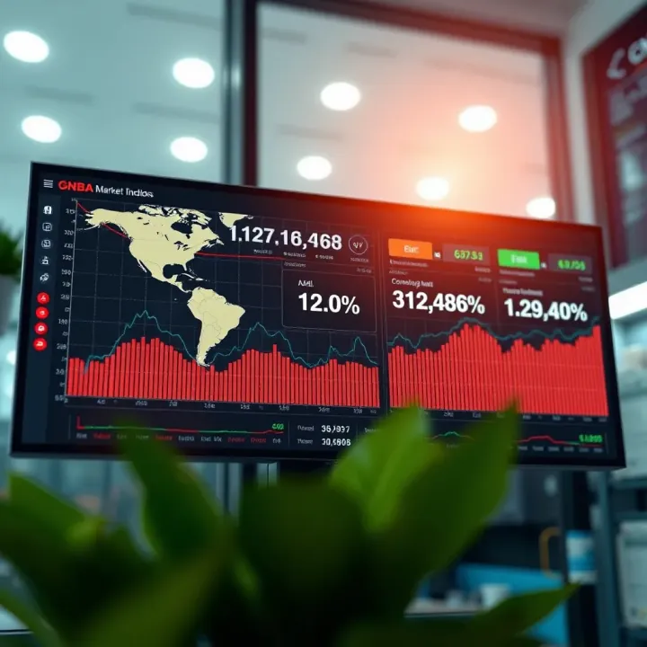 Dashboard interface displaying global stock indices and commodity prices on digital platform