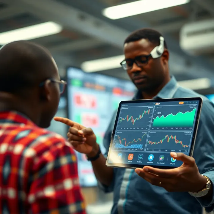 Technology Enhancing Trader Interactions in Nigerian Markets Digital devices displaying graphs and communication icons representing technology enhancing trader interactions in Nigeria