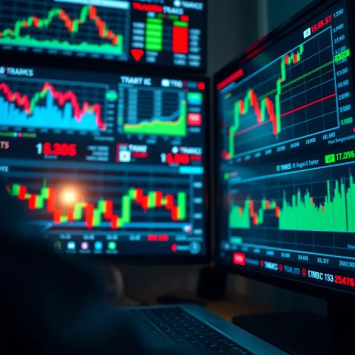 Illustration showing various financial graphs and charts on digital screens representing trading activities