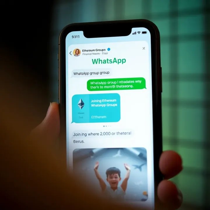 WhatsApp Group Chat for Ethereum Enthusiasts Illustration of a smartphone screen showing a WhatsApp group chat with Ethereum symbols
