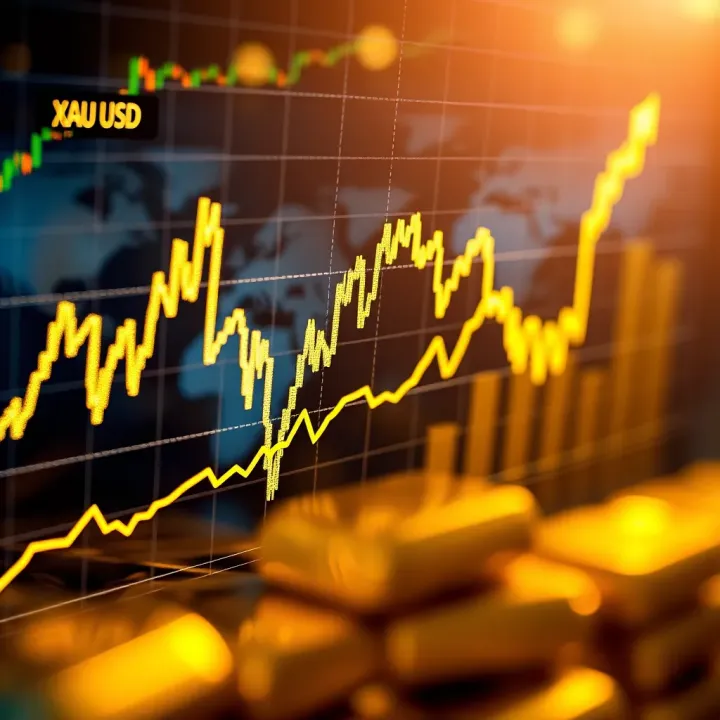 Chart showing gold price fluctuations against the US dollar with upward and downward trends